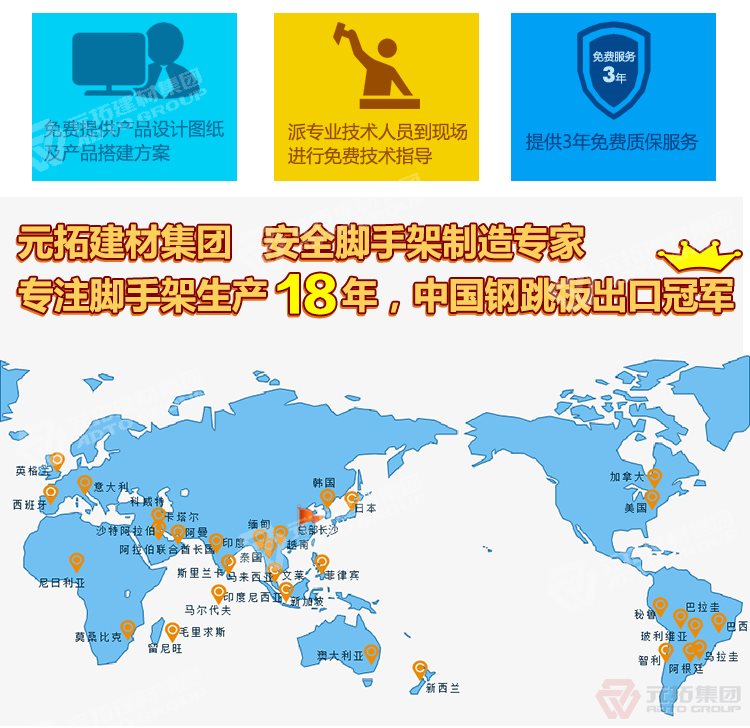 元拓建材集團(tuán)，安全腳手架制造專家！專注腳手架生

產(chǎn)18年，中國(guó)鋼跳板出口冠軍！